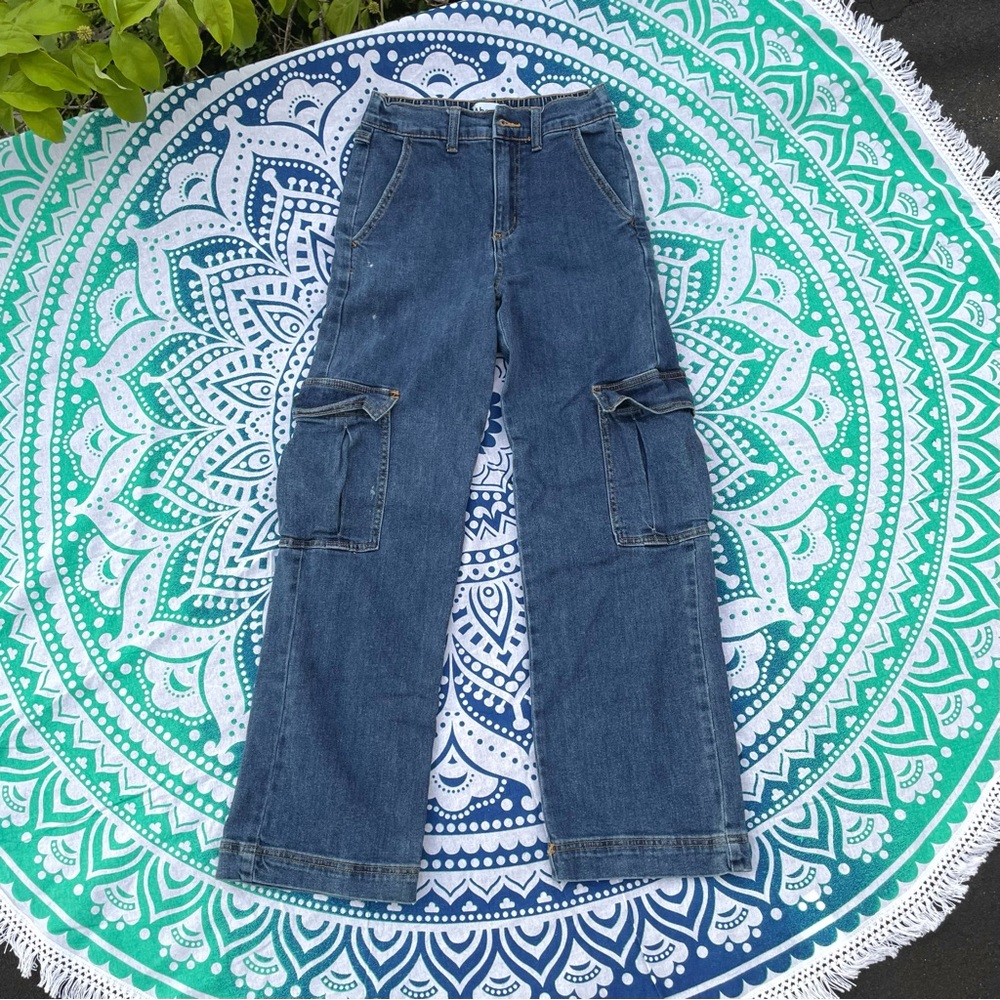 Abound Cargo Carpenter Blue Wide Leg Jeans with Large Flap Pockets Y2K Size 24